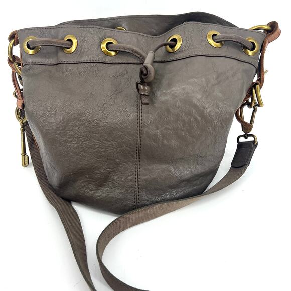 Fossil Vintage Reissue Maddox Gray Leather Drawstring Purse Bag - Picture 1 of 9